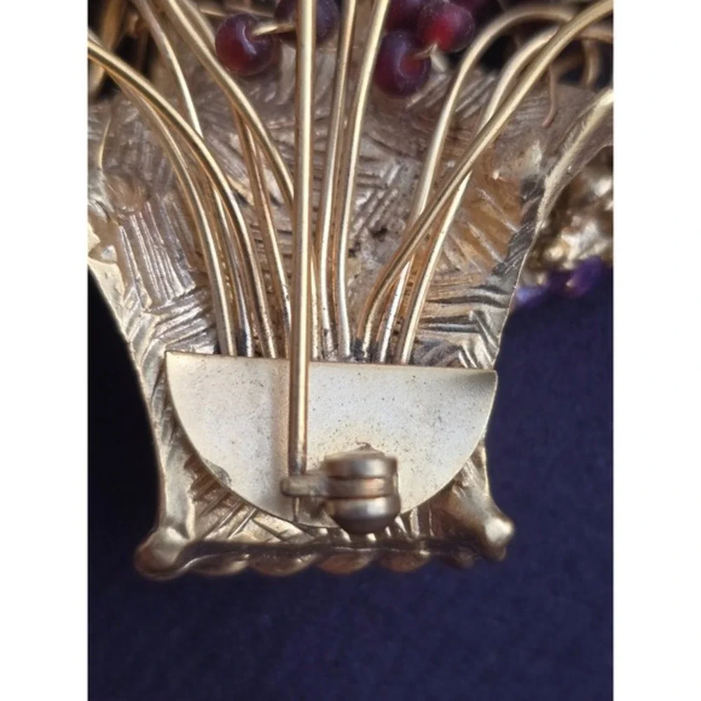 Vintage Fruit Basket Brooch Gold Tone Enamel Harvest Cornucopia‎ Pin 2 Inch